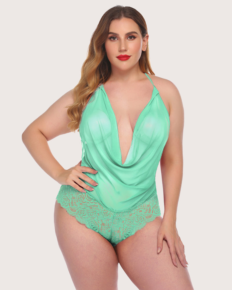 Mint green lace halter bodysuit with deep V neckline and scalloped lace brief hem