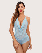 Light blue lace halter bodysuit with deep V neckline and scalloped lace brief hem