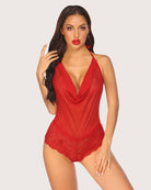 Red lace halter one-piece bodysuit with deep V neckline and scalloped lace hem