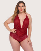 Wine red lace halter one-piece bodysuit with deep V neckline and scalloped lace hem