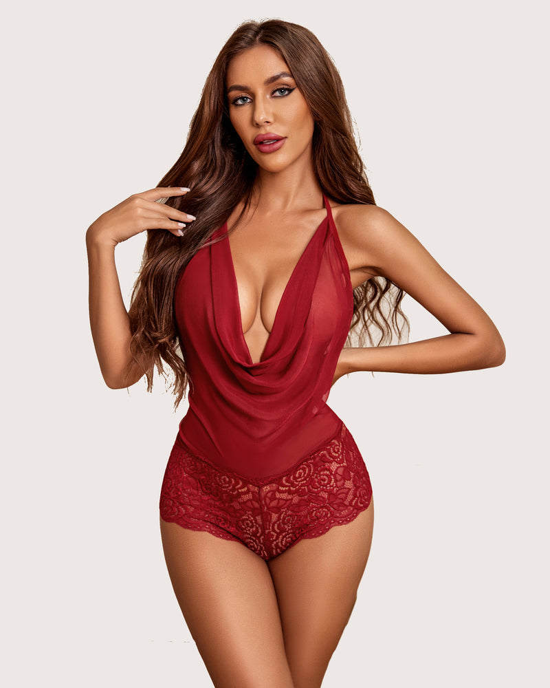 Wine red lace halter one-piece bodysuit with draped cowl neckline and scalloped hem