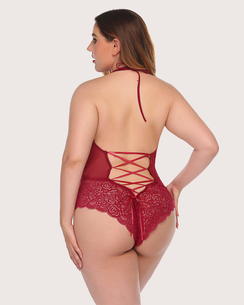 Red lace halter bodysuit with open back crisscross straps and lace shorts