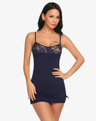 Navy lace-trim slip chemise with spaghetti straps and short straight hem