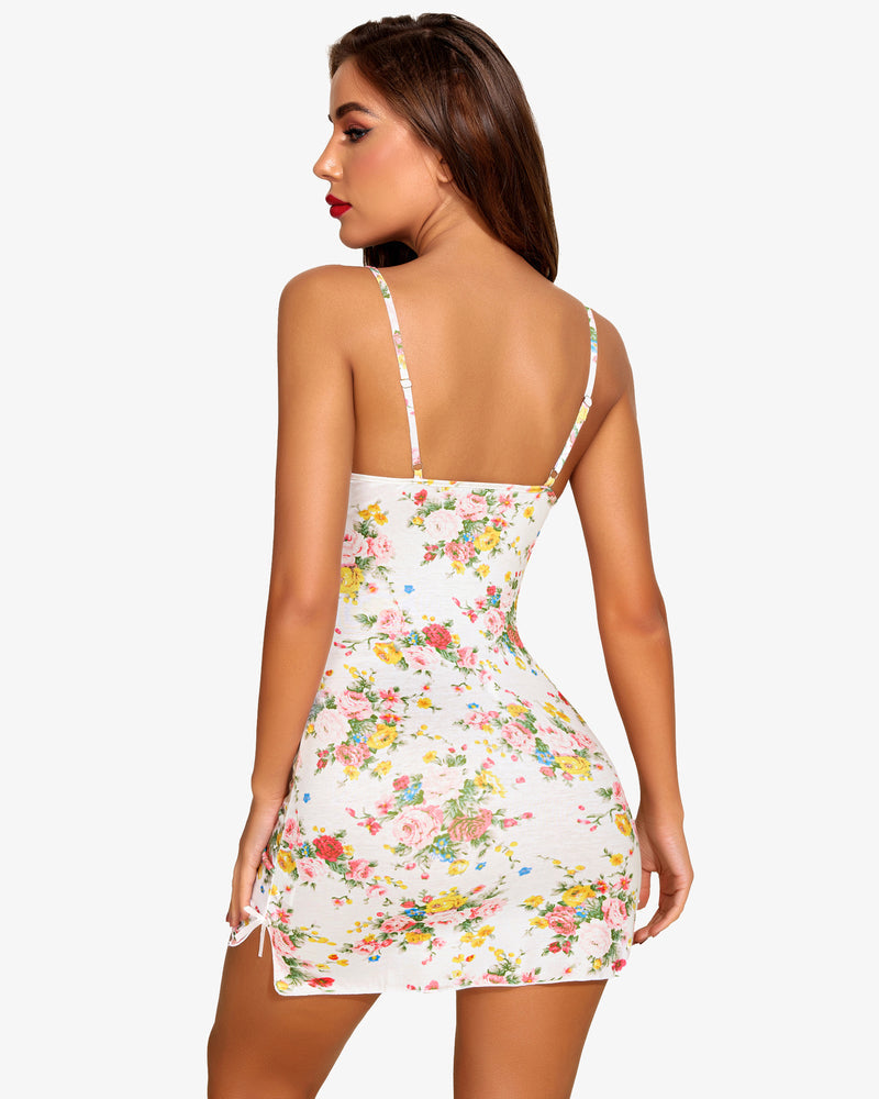 White floral lace-trim slip chemise with spaghetti straps and open back