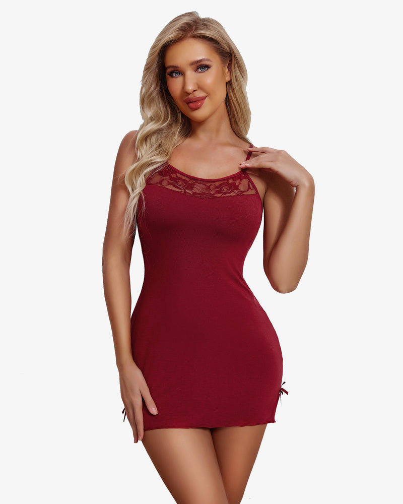 Wine red lace chemise nightgown with spaghetti straps and fitted short hem