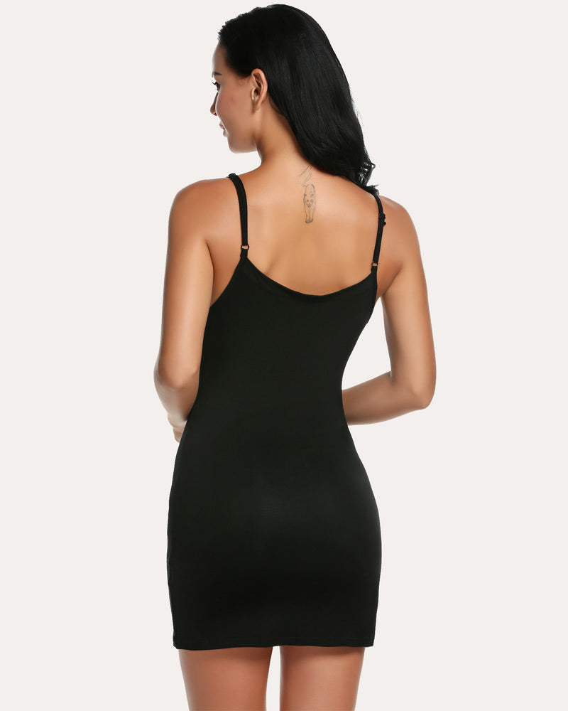 Back view solid mini slip dress with spaghetti straps and scoop back, fitted