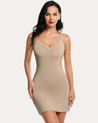 Beige mini slip dress with thin spaghetti straps and V neckline
