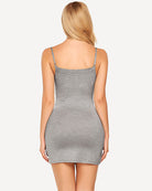 Gray mini slip dress with spaghetti straps and open square back
