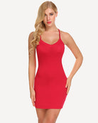 Red slip mini dress with thin spaghetti straps and V-neckline