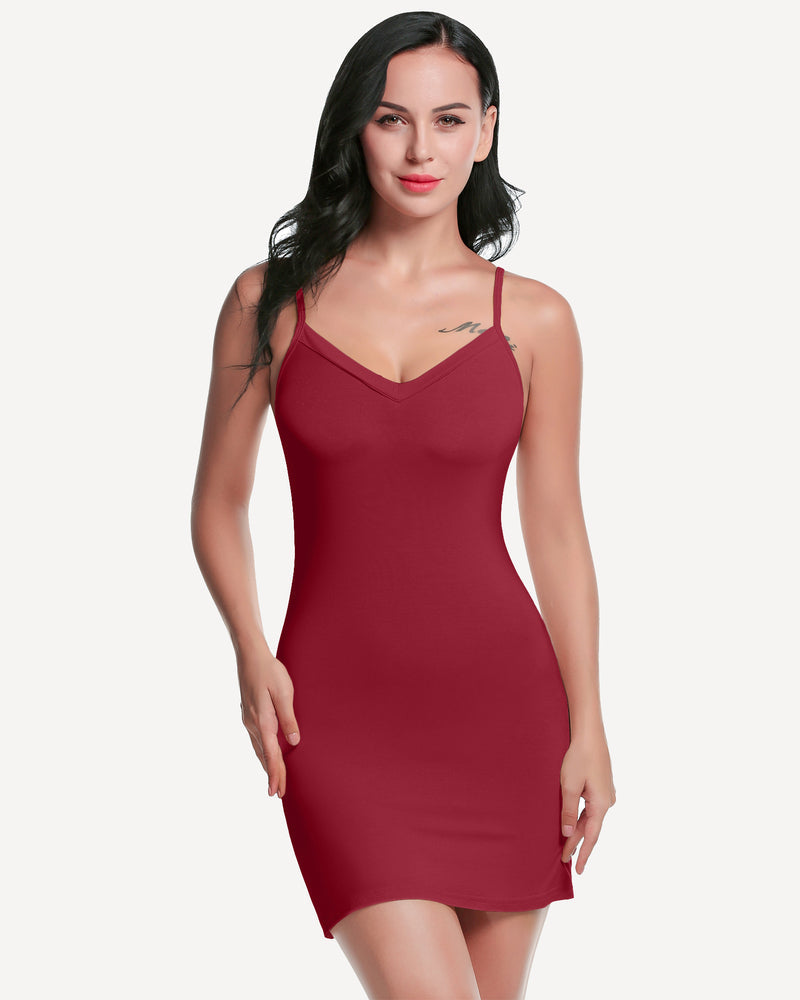 Wine red mini slip dress shapewear with spaghetti straps and V-neckline