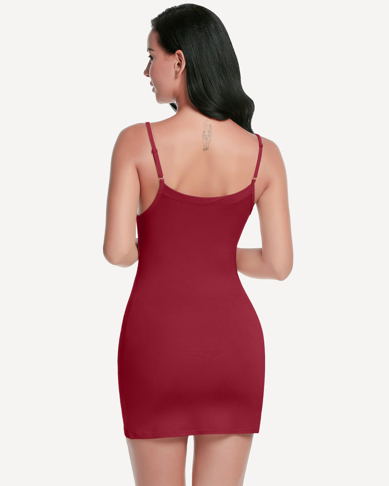 Mini slip dress with spaghetti straps, low back, solid dark red