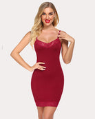 Wine red lace chemise slip dress with spaghetti straps and lace bottom trim