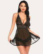Lace strap V-neck mesh nightgown, black lace bodice with sheer mesh flared skirt