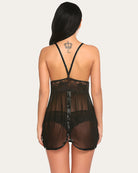 Lace strap V-neck mesh nightgown, black lace back with crisscross straps and sheer mesh skirt