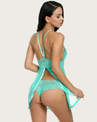 Teal lace halter babydoll mesh nightgown, open-back lace straps and flared sheer skirt