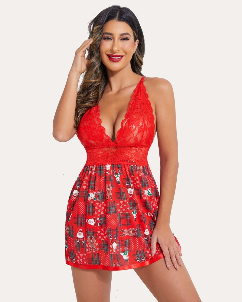 Red lace V-neck mesh nightgown with Christmas-print skirt and sheer overlay