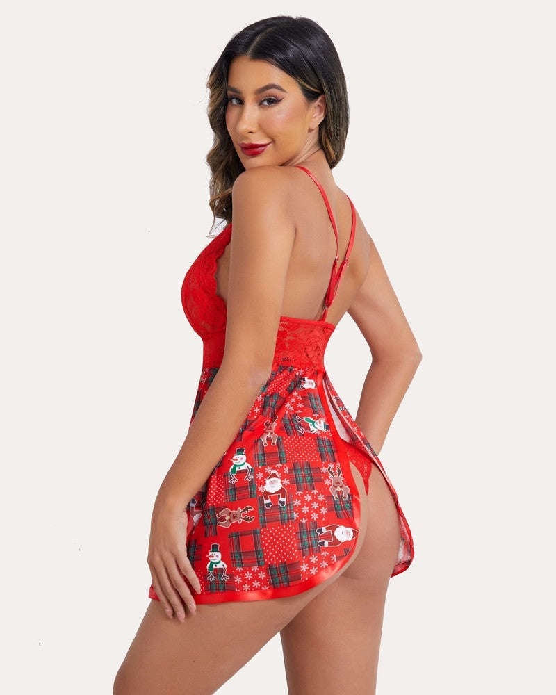 Red lace V-neck mesh nightgown with Christmas-print skirt and adjustable straps