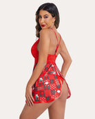Red lace V-neck mesh nightgown with Christmas-print skirt and adjustable straps
