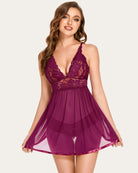 Lace strap V-neck mesh nightgown, dark red lace bodice with sheer flared mesh skirt