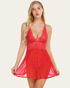 Red lace V-neck mesh nightgown with adjustable straps and flowy sheer skirt