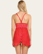 Red lace-strap mesh nightgown with V-back and sheer babydoll hem slit