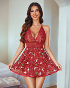 Lace strap V-neck mesh nightgown, deep red with lace bodice and festive reindeer print skirt