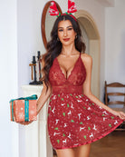 Lace strap V-neck mesh nightgown, deep red lace bodice with festive pattern flared skirt