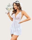 White lace-strap halter V-neck mesh babydoll nightgown with lace bodice and gathered skirt