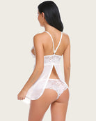 White lace mesh nightgown with open-back straps and sheer babydoll hem