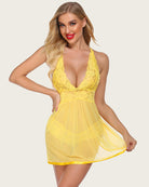 Yellow lace-strap halter V-neck mesh babydoll nightgown with lace bust and flared skirt