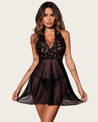 Black halter lace babydoll nightgown with V-neck lace bodice and sheer mesh skirt