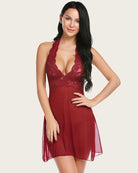 Halter lace print wedding babydoll in dark red with lace halter bodice