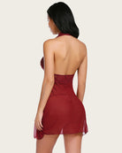 Back view halter lace print wedding babydoll in dark red with lace top