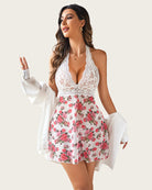Halter lace print wedding babydoll in white with pink rose floral print