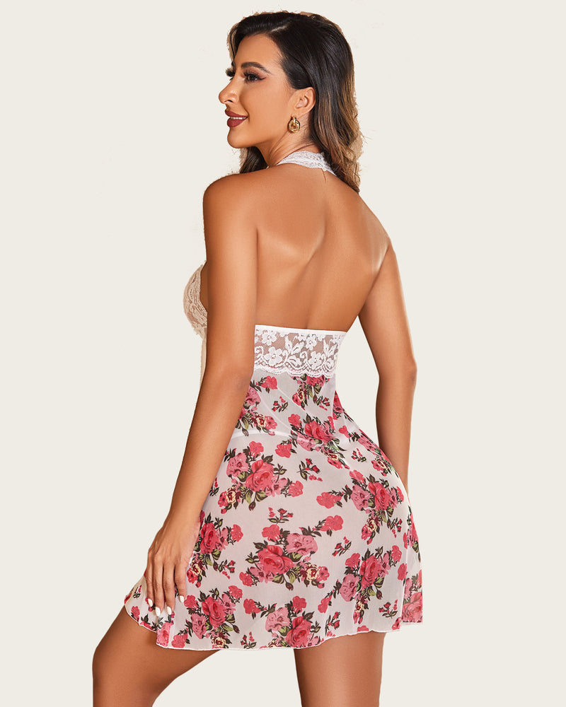 Halter lace babydoll mesh nightgown in white with red floral print, lace back band