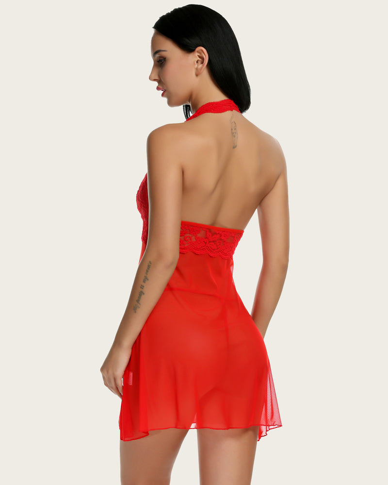 Halter lace babydoll nightwear, red sheer babydoll with lace-trim back view