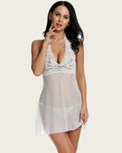White lace halter babydoll dress with deep V-neck and flowing sheer hem