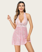Halter lace babydoll mesh nightgown, light pink with lace halter bodice and patterned skirt