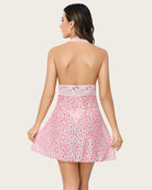 Halter lace mesh babydoll nightwear in light pink with open back and lace trim