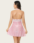 Pink back-view halter babydoll with lace-trim bodice and floral skirt