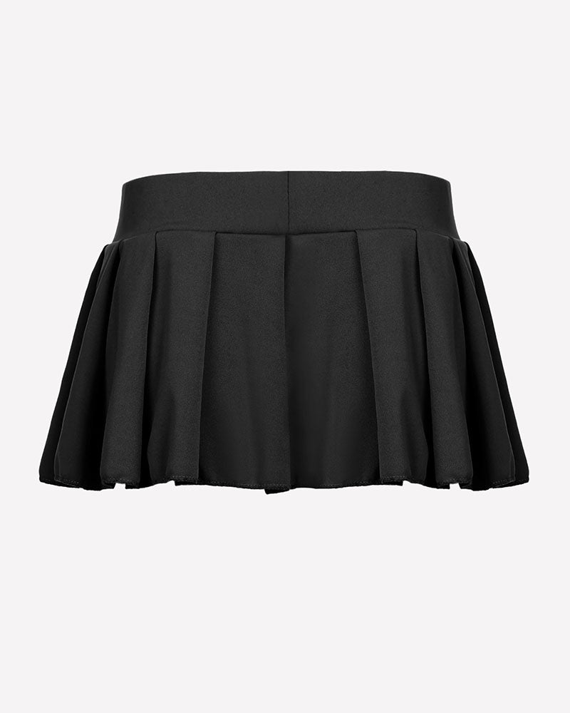 Black pleated mini skirt with wide waistband and gathered ruffle hem