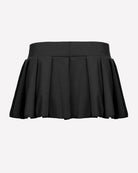 Black pleated mini skirt with wide waistband and gathered ruffle hem
