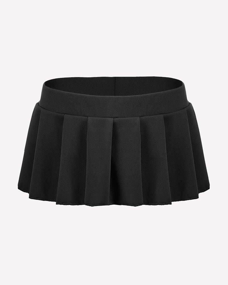 Black pleated ruffle skirt, short length, gathered skirt panels.