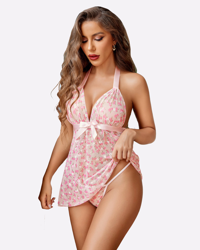 Sheer mesh halter babydoll with pink floral print and ribbon bow