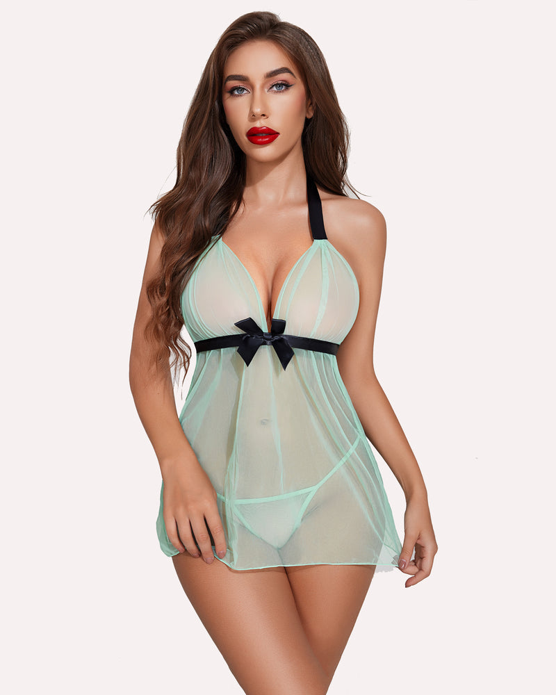 Mint green sheer mesh halter babydoll with black bow and V-neck triangle cups