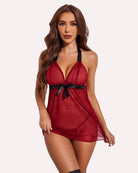 Red halter sheer mesh babydoll with bow front and lace-trim hem
