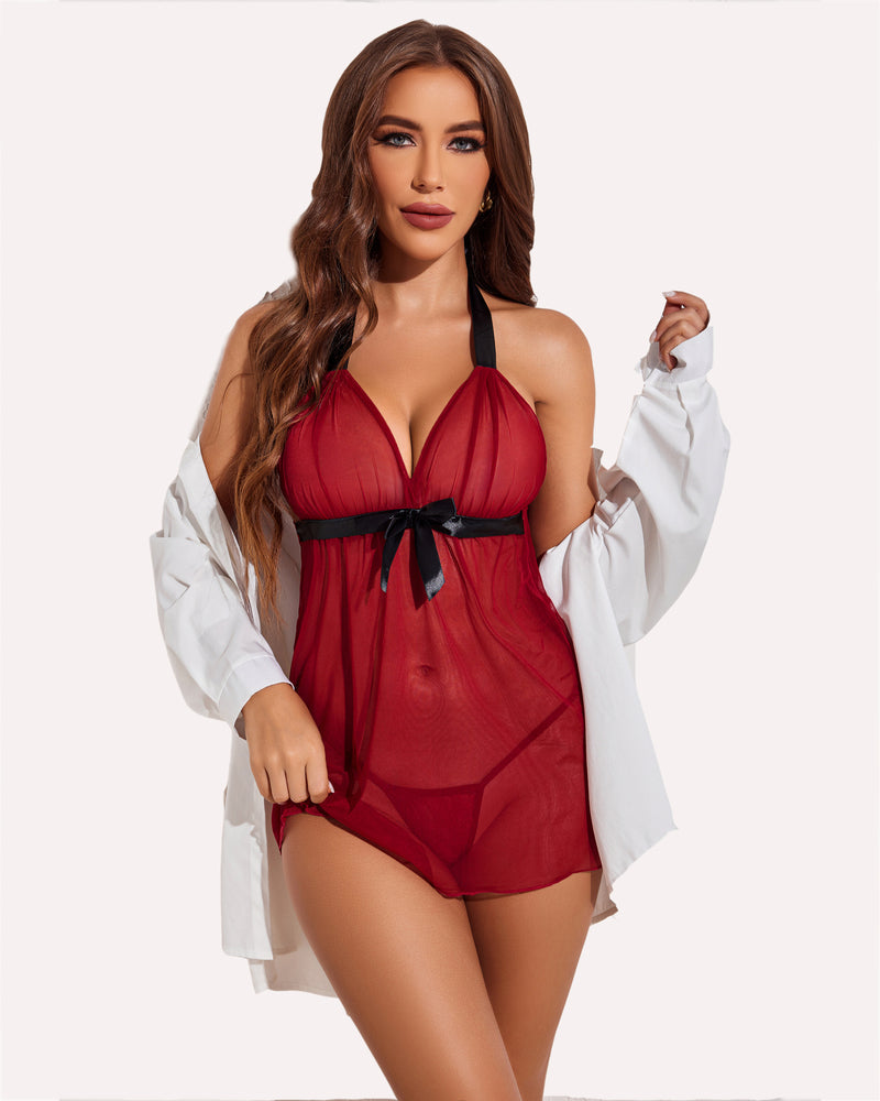 Red halter sheer mesh babydoll with bow front and open-back lace trim