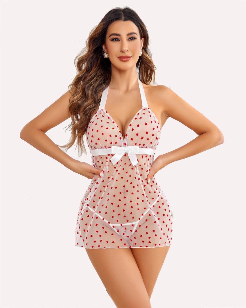 White sheer halter babydoll nightie with red heart print and bow at waist