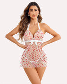 White sheer halter babydoll nightie with red heart print and bow at waist