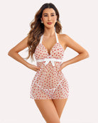 White halter sheer mesh babydoll nightgown with red heart print and bow
